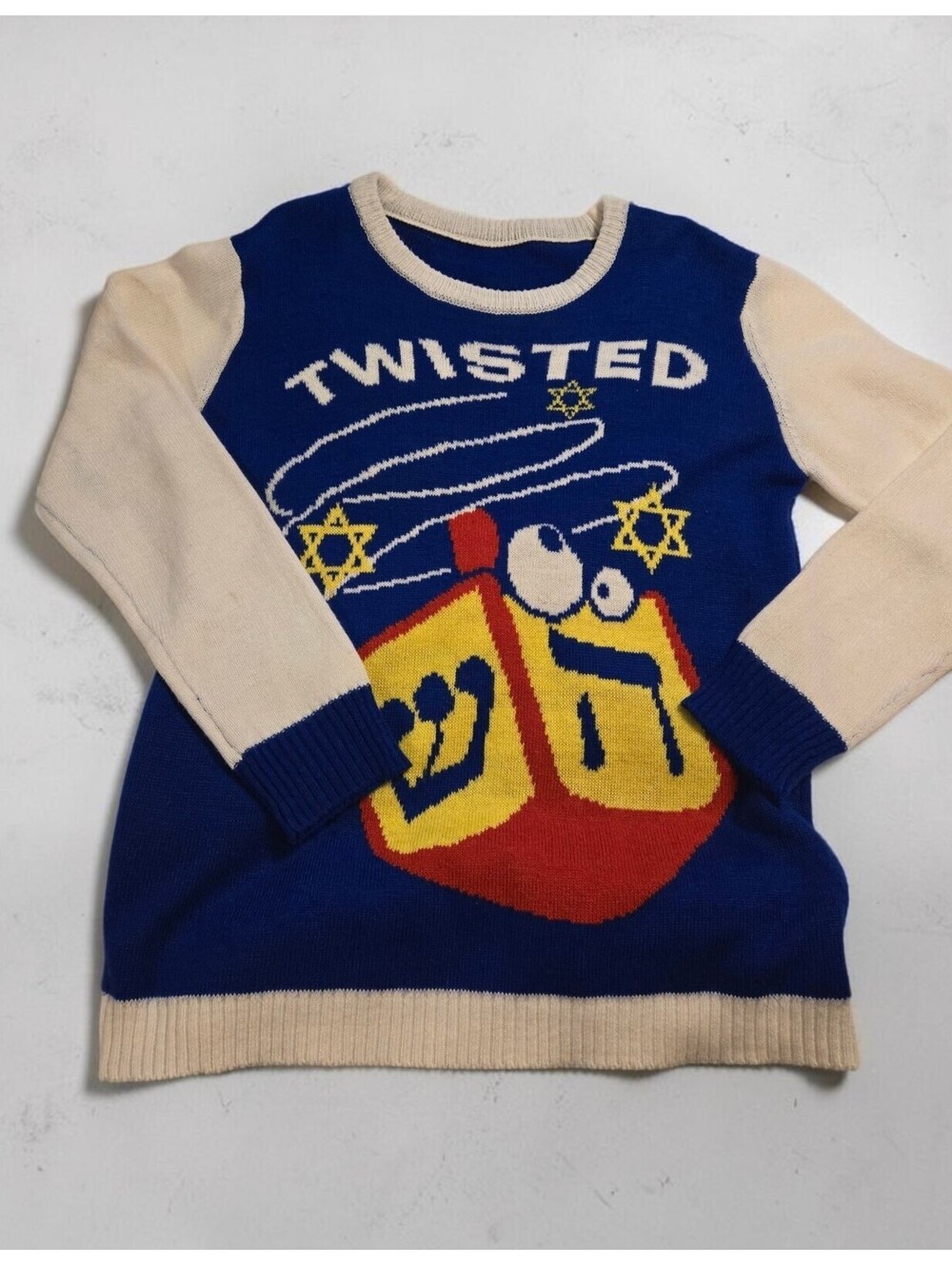 Forum Novelties Twisted Dreidel Hanukkah Ugly Knit Sweater Adult Blue Cream